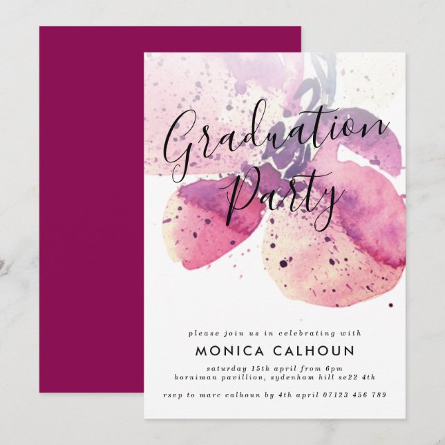 Pink Watercolor Orchid Graduation Party Einladung (Vorne/Hinten)