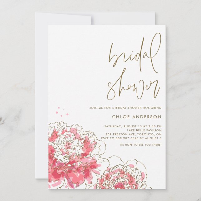 Pink Watercolor Peonies Bridal Dusche Einladung (Vorderseite)