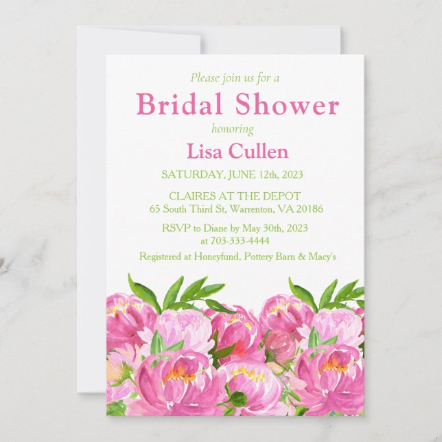 Pink Watercolor Peonies Bridal Dusche Einladung (Vorderseite)