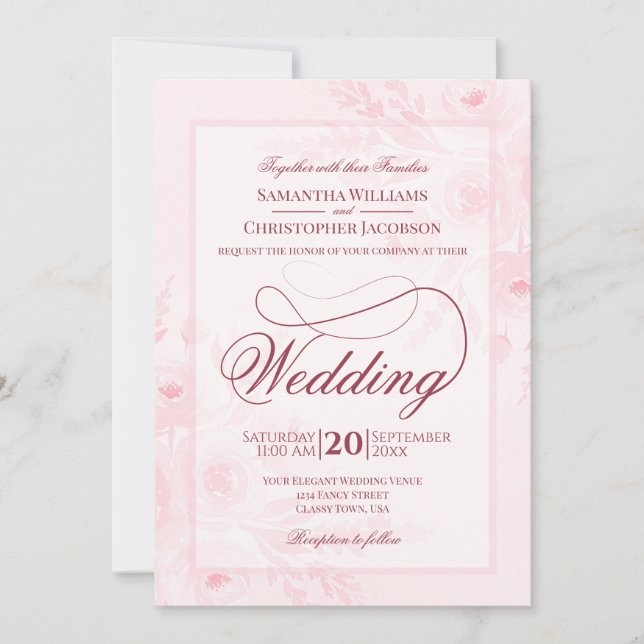 Pink Watercolor Peonies Fancy Script Wedding Einladung (Vorderseite)