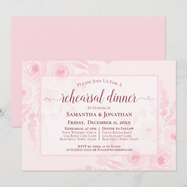 Pink Watercolor Peonies Wedding Rehearsal Dinner Einladung (Vorne/Hinten)