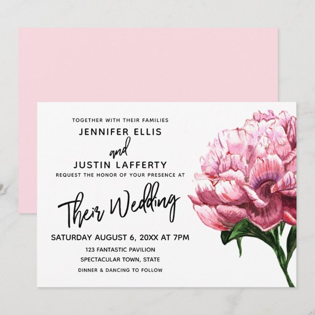 Pink Watercolor Peony Blume, Moderne Hochzeit Einladung (Vorne/Hinten)