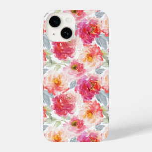 Pink Watercolor Peony Blume Pattern iPhone 14 Hülle