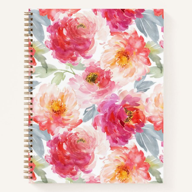 Pink Watercolor Peony Blume Pattern Notizbuch (Vorderseite)