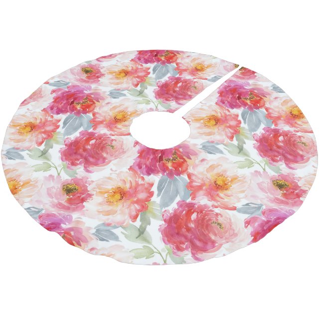 Pink Watercolor Peony Blume Pattern Polyester Weihnachtsbaumdecke (Schrägansicht)