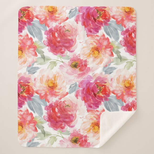 Pink Watercolor Peony Blume Pattern Sherpadecke (Vorderseite)