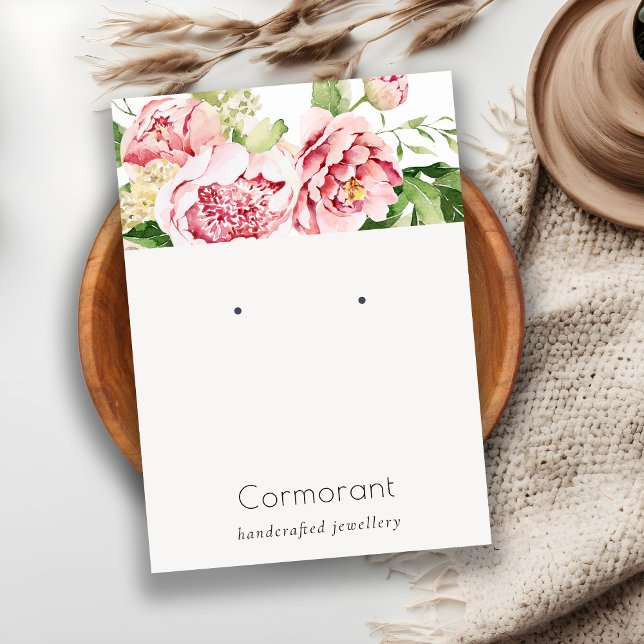 Pink Watercolor Peony Floral Stuck Earring Display Visitenkarte (Von Creator hochgeladen)