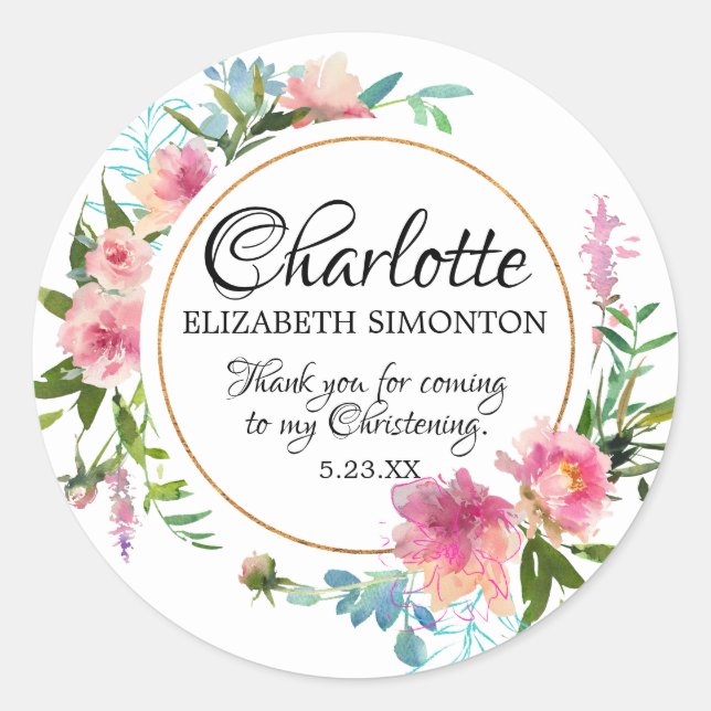 Pink Watercolor Peony Personalisiert Christening Runder Aufkleber (Vorderseite)