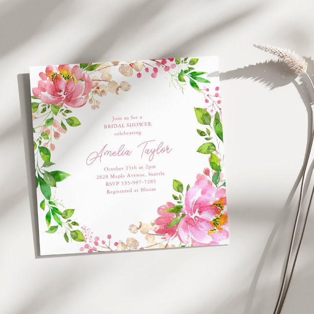 Pink Watercolor Peony Wreath Bridal Shower Einladung (Von Creator hochgeladen)