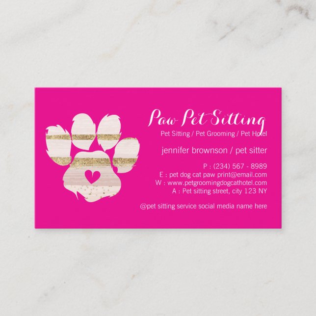 Pink Watercolor Pet Sitter Grooming Paws Visitenkarte (Vorderseite)