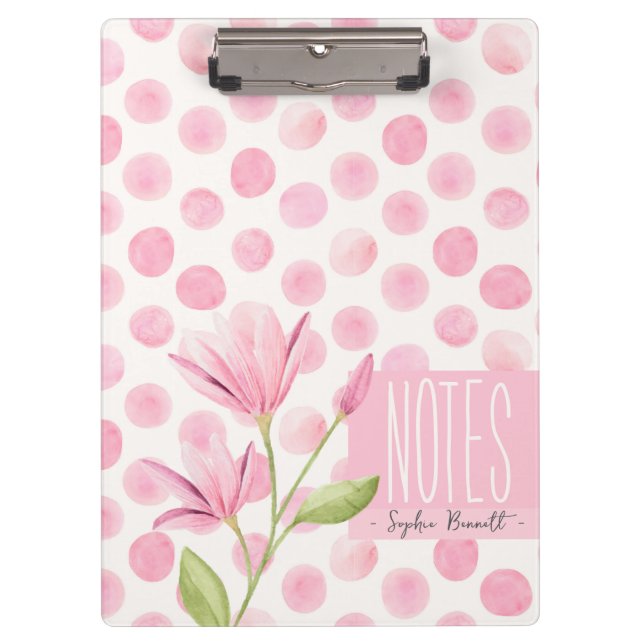 Pink Watercolor Polka Dots & Flowers Klemmbrett (Vorderseite)