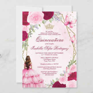 Pink Watercolor Princess Auburn Hair Quinceanera Einladung