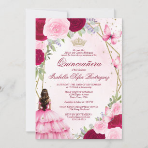 Pink Watercolor Princess Brown Hair Quinceanera Einladung