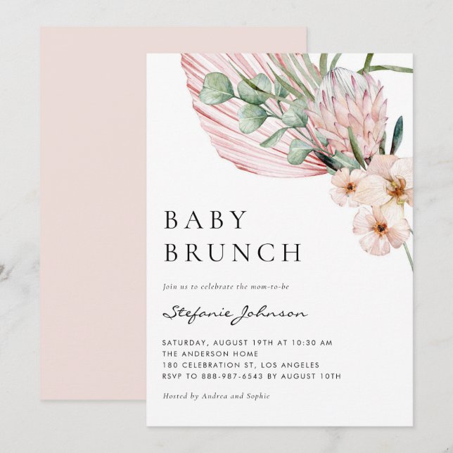 Pink Watercolor Protea Tropical Baby Brunch Einladung (Vorne/Hinten)