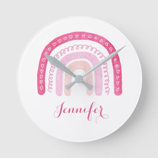 Pink Watercolor Regenbogenbaby Kinderzimmer Runde Wanduhr (Vorderseite)