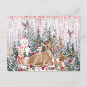 Pink Watercolor Rentier, Snowman Frohe Weihnachten Postkarte
