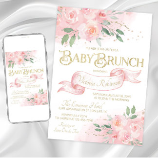 Pink Watercolor Rose Girl Babydusche Brunch Einladung