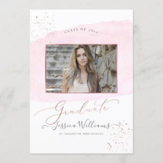 Pink Watercolor+Rose Gold Cap Graduation Party Einladung