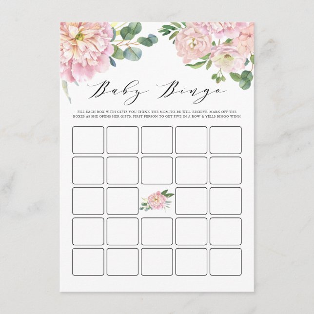 Pink Watercolor Rose Kinderdusche Bingo Spiel Begleitkarte (Vorderseite)