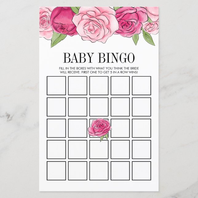 Pink Watercolor Rose Kinderdusche Bingo Spielkarte (Vorderseite)