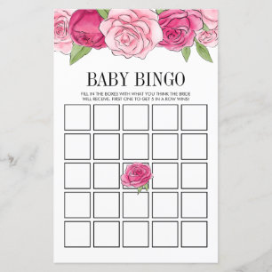Pink Watercolor Rose Kinderdusche Bingo Spielkarte