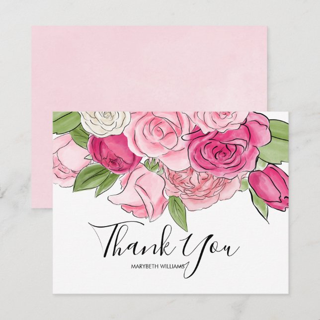 Pink Watercolor Rose Kinderdusche Danke Karte (Vorne/Hinten)