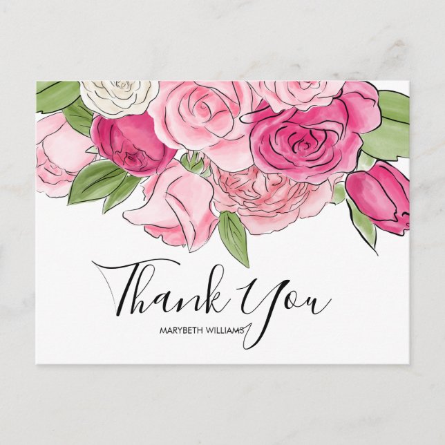 Pink Watercolor Rose Kinderdusche Danke Postkarte (Vorderseite)