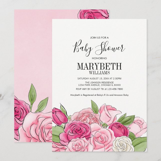 Pink Watercolor Rose Kinderdusche Einladung (Vorne/Hinten)