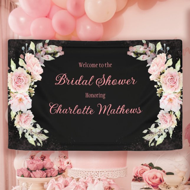 Pink Watercolor Rose Moody Black Brautparty Banner (Pink Watercolor Roses Moody Black Bridal Shower Banner)