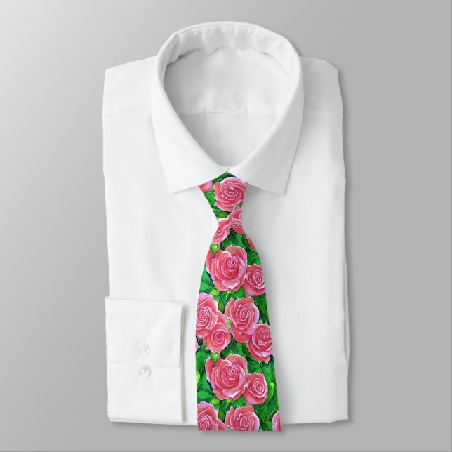 Pink Watercolor Rose Muster Krawatte (Gebunden)