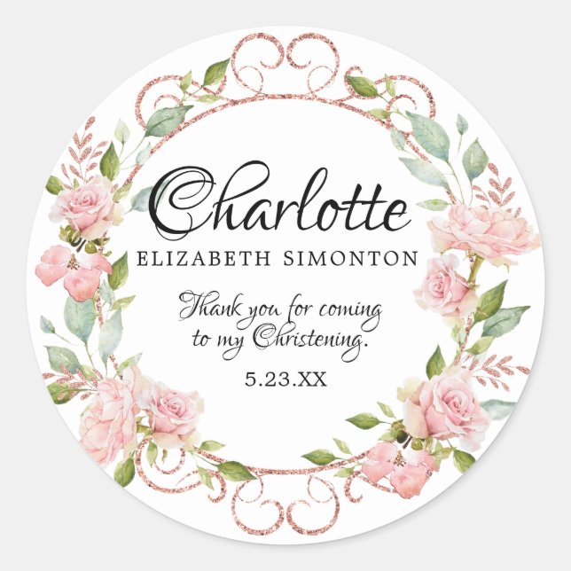 Pink Watercolor Rose Personalisiert Christening Runder Aufkleber (Vorderseite)