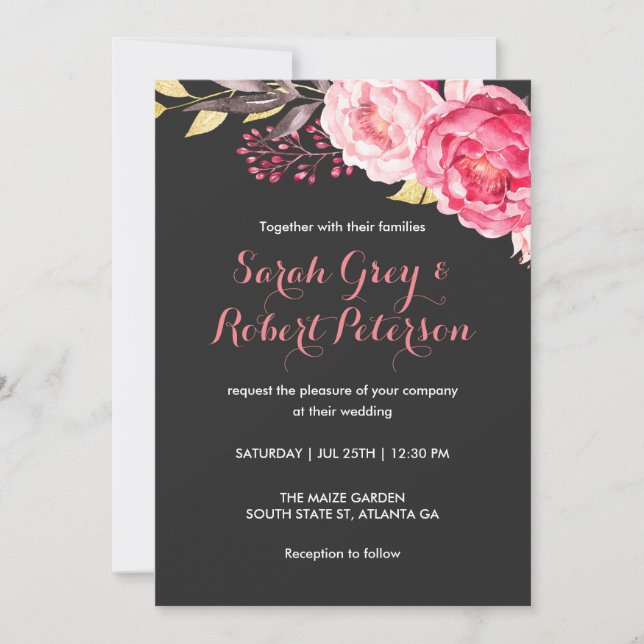 Pink Watercolor Rose Streifen Einladung Hochzeit (Vorderseite)