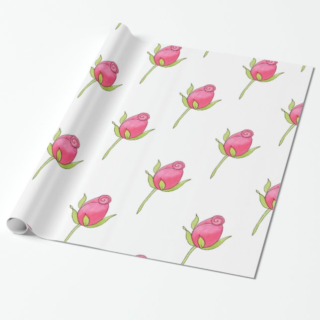Pink Watercolor-Rosenknospe-Muster Geschenkpapier (Ungerollt)