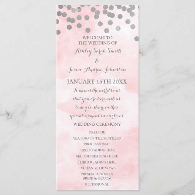 Pink Watercolor Silver Confetti Wedding Program Programm (Vorderseite)