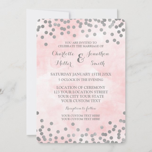 Pink Watercolor Silver Confetti Wedites Einladung (Rückseite)