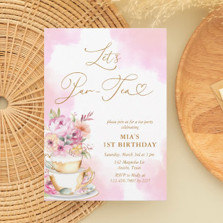 Pink Watercolor Tee Party 1. Geburtstag Einladung