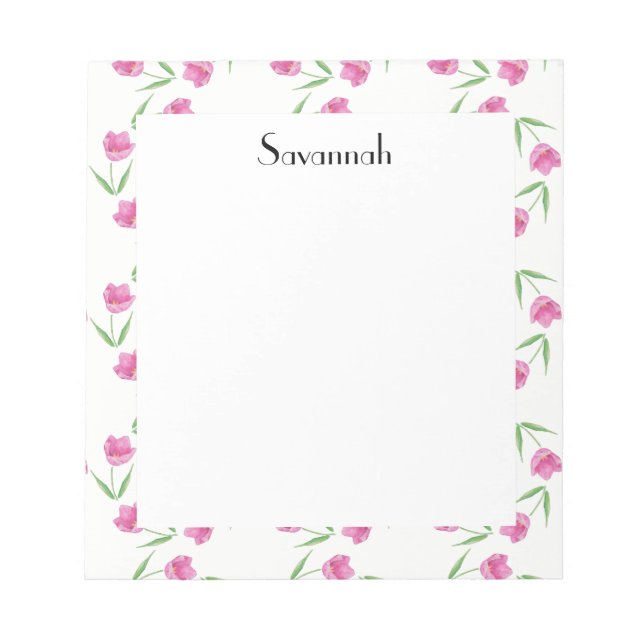 Pink Watercolor Tulips Muster Personalisiert Notizblock (Vorderseite)