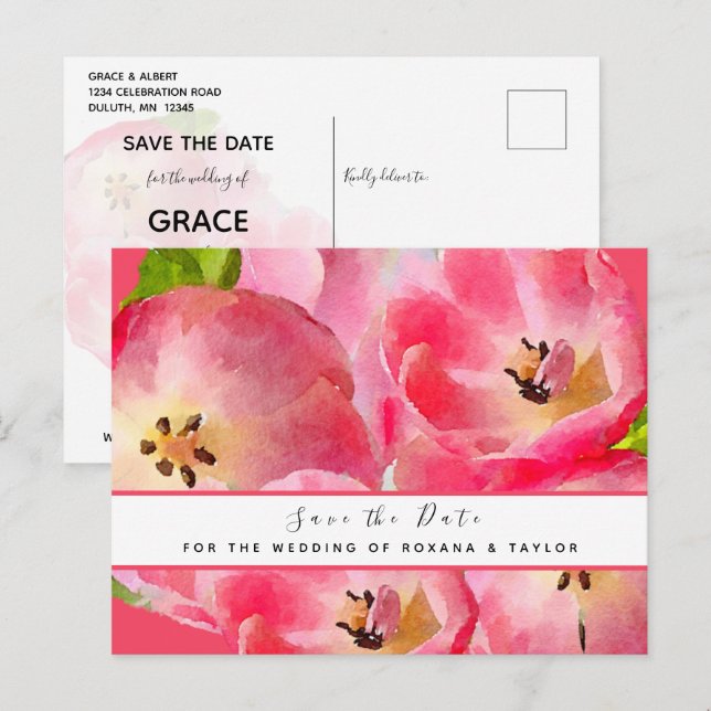 Pink Watercolor Tulips Save the Date Postkarte (Vorne/Hinten)