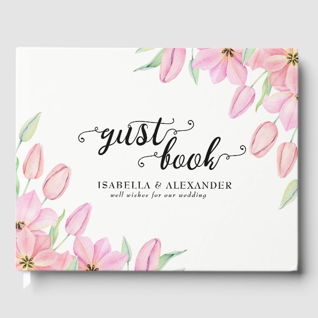 Pink Watercolor Tulips Wedding Gästebuch (Vorderseite)