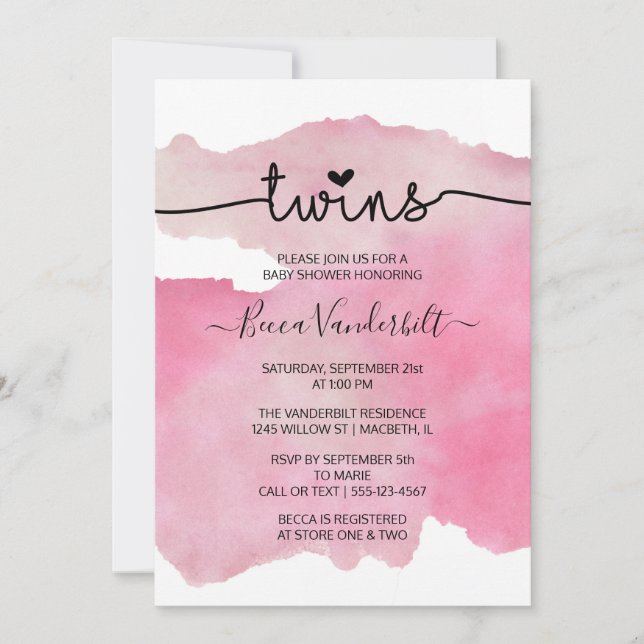 Pink Watercolor Twins Babydusche Einladung (Vorderseite)