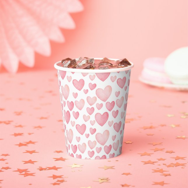 Pink Watercolor Valentine Hearts Pattern Pappbecher (Insitu)