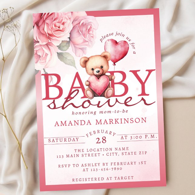 Pink Watercolor Valentine Teddy Bear Baby Shower Einladung (Von Creator hochgeladen)