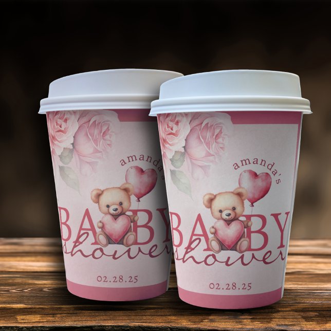 Pink Watercolor Valentine Teddy Bear Baby Shower Pappbecher (Von Creator hochgeladen)