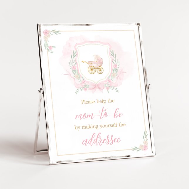 Pink Watercolor Wappen Baby Shower Envelope Statio Poster (Pink Gold Carriage Crest Baby Shower Envelope Station Sign)