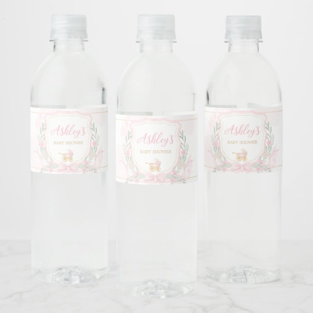 Pink Watercolor Wappen Babydusche (Flaschen)