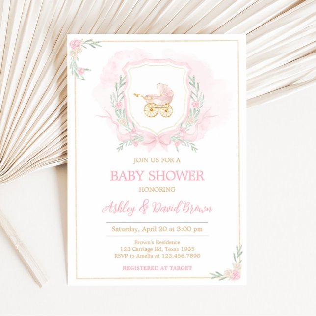 Pink Watercolor Wappen Babydusche Einladung (Pink Gold Carriage Crest Baby Shower Invitation)