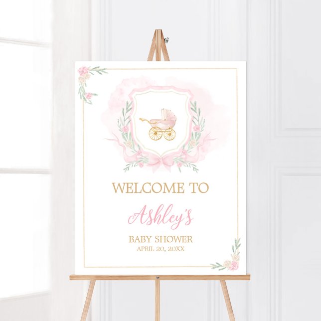 Pink Watercolor Wappen Kinderdusche Willkommen Poster (Pink Gold Carriage Crest Baby Shower Welcome Sign)