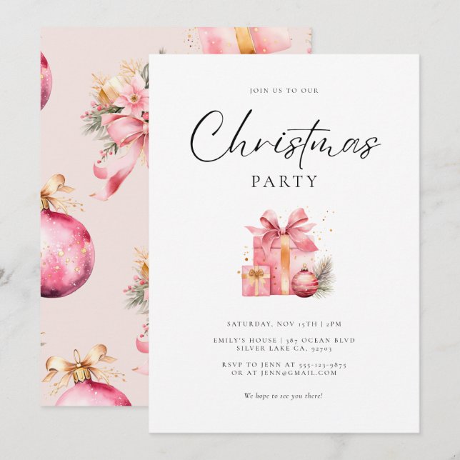 Pink Watercolor Weihnachts-Party Einladung (Vorne/Hinten)