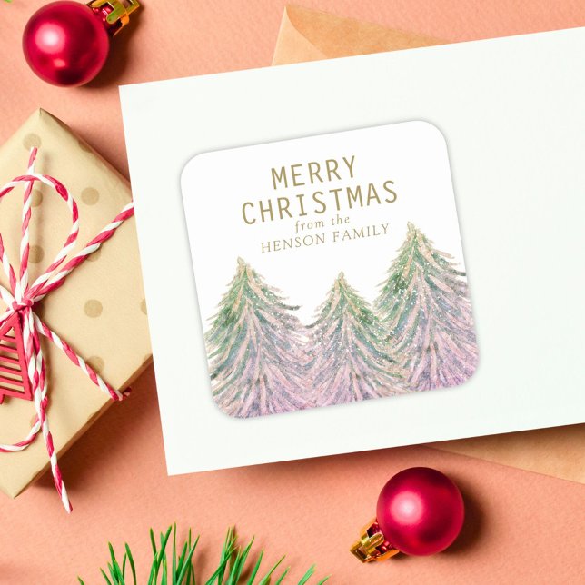 Pink Watercolor Weihnachtsbaum Künstlerisch Quadratischer Aufkleber (Von Creator hochgeladen)