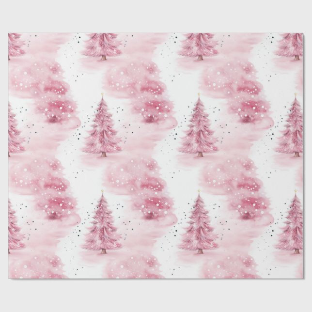 Pink Watercolor Weihnachtsbäume Geschenkpapier (Flach)